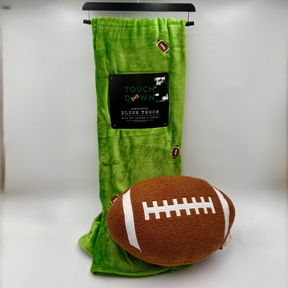 Touchdown Plush Throw Blanket & Football Pillow Set Green Brown 50"x70"